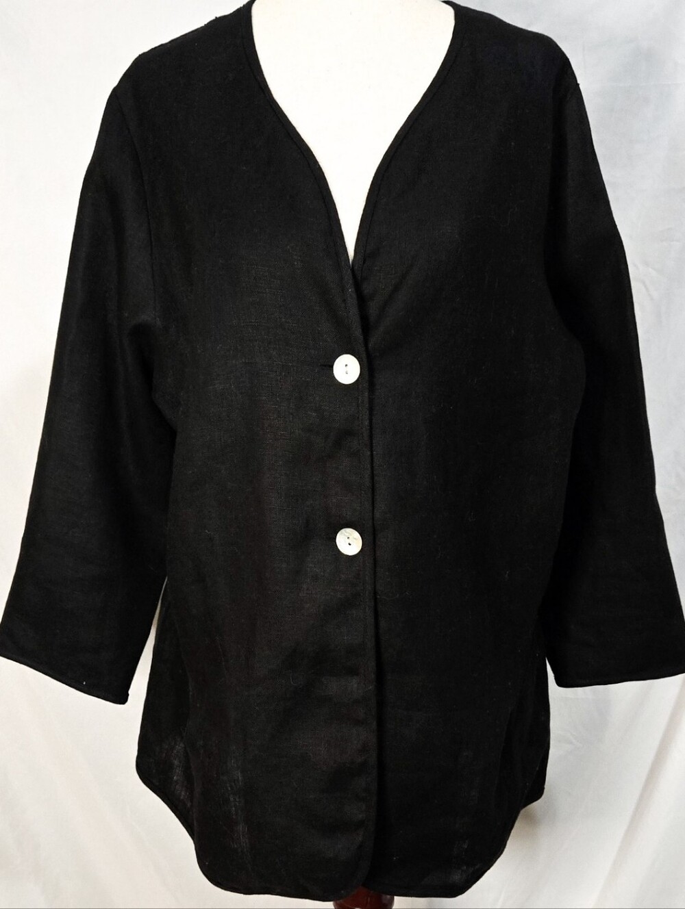 Vintage Linen Jacket Black Lagenlook Long Sleeve Button Oversized Ibisa V Neck